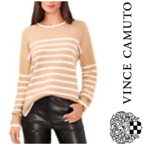 VINCE CAMUTO 🎉HP X2🎉 NWT - L Sz L Round-Neck Striped Sweater/Latte - Picture 1 of 16
